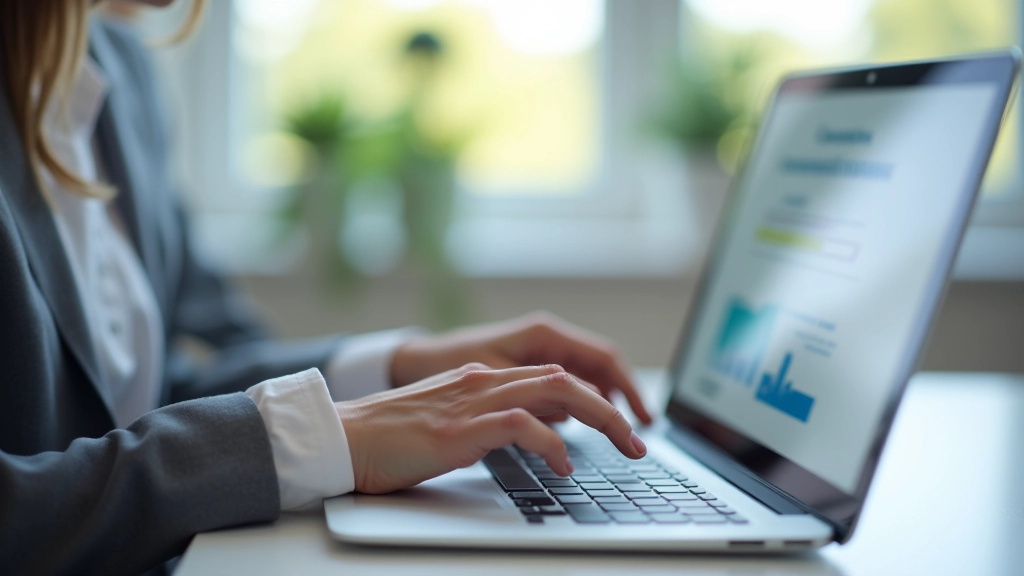 Nahaufnahme von Händen auf einer Computertastatur, Banking-Interface auf dem Monitor, helles Büro mit Tageslicht