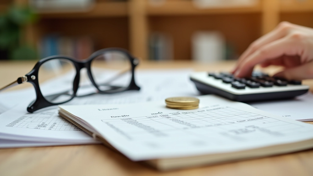 Finanzrechner und Taschenrechner auf Schreibtisch, Kostenkalkulationsblatt, Brille und Stift sichtbar