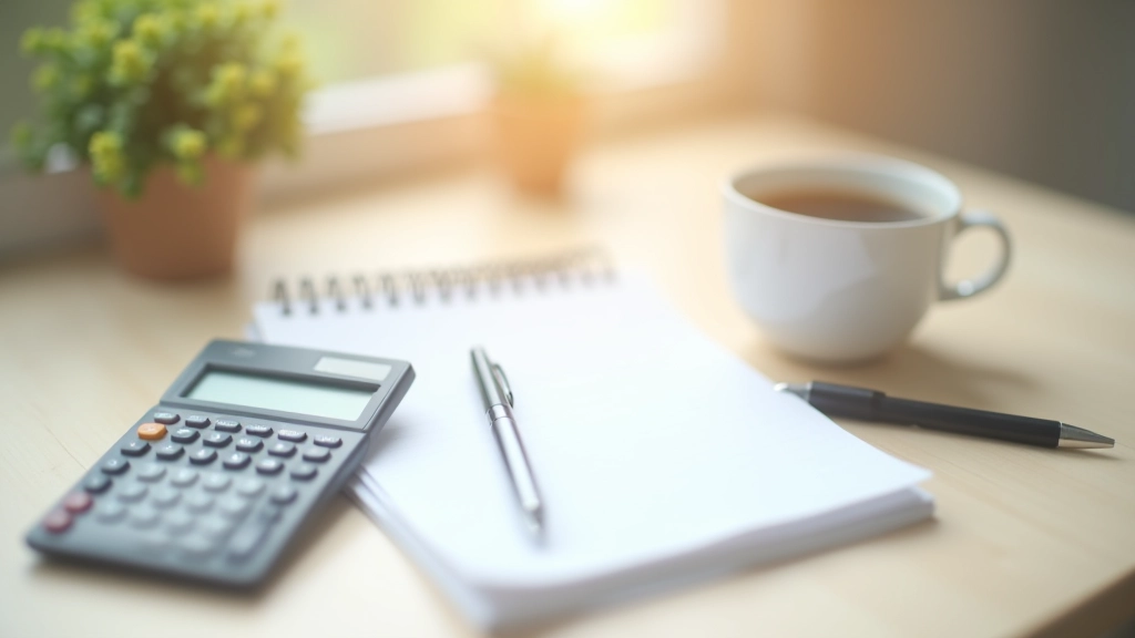 Finanzplanung mit Notgroschen-Berechnung, Taschenrechner und Notizbuch auf Schreibtisch