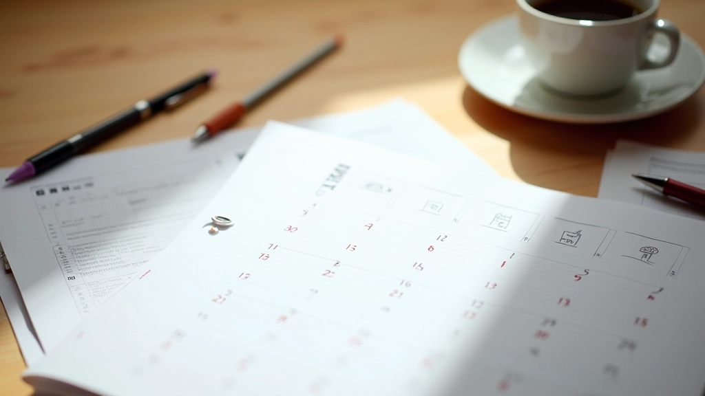 Kalender mit markierten Zahlterminen, Finanzplanung auf Papier, Kaffee und Stift auf dem Tisch