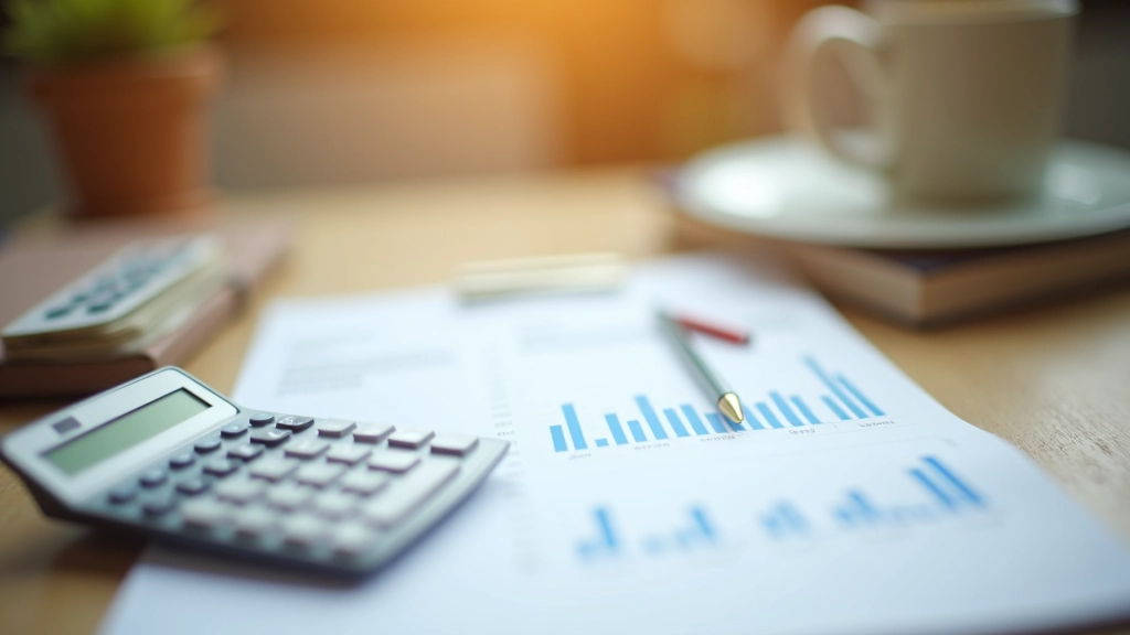 Finanzdiagramm und Taschenrechner auf Schreibtisch mit Stift und Notizblock