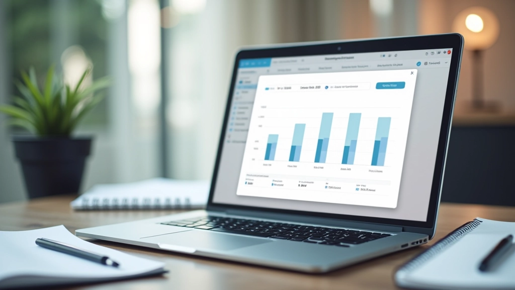 Laptop-Bildschirm zeigt Dashboard mit Kontoübersicht und Sparzielen, Diagramme und Statistiken