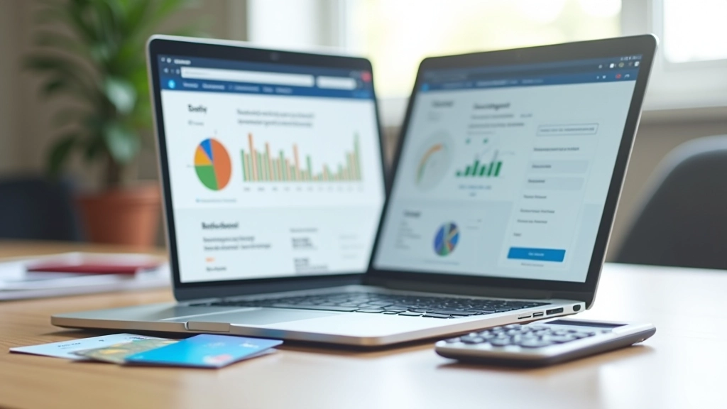 Laptop mit Bankingseite geöffnet, daneben Kreditkarten und Taschenrechner