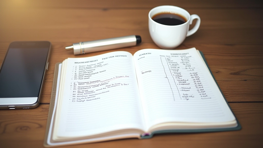 Notebook mit Handnotizen neben Tasse Kaffee und Smartphone auf Schreibtisch