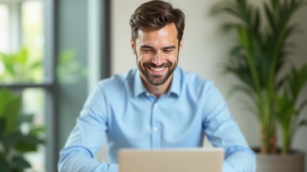 Person schaut zufrieden auf Laptop-Bildschirm mit Bankingportal