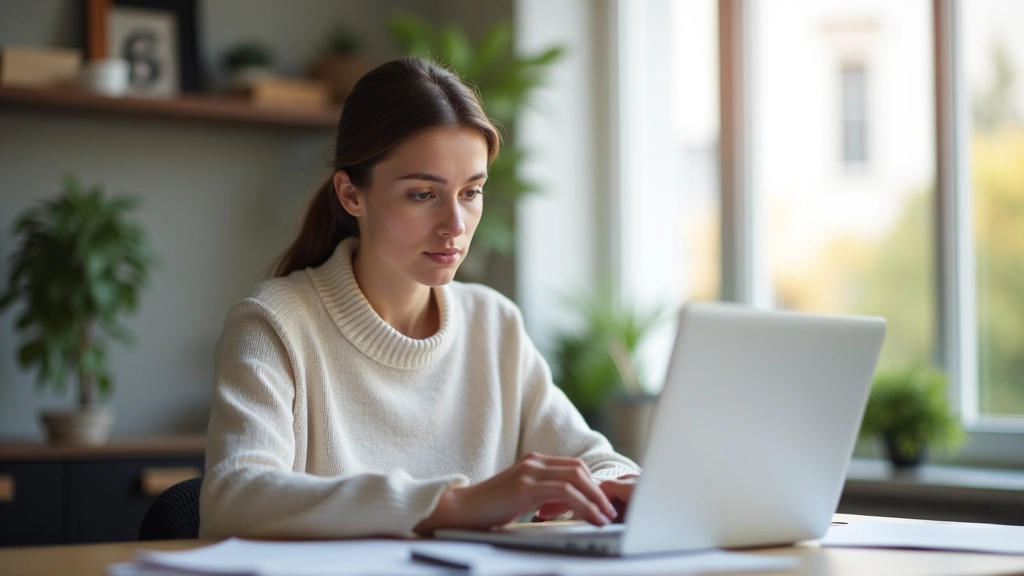 Frau am Laptop überprüft Bankkonten und Sparziele in einer modernen Wohnung mit natürlicher Beleuchtung