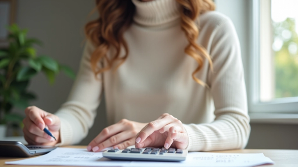 Frau sitzt am Schreibtisch mit Taschenrechner und Finanzunterlagen, konzentrierter Blick